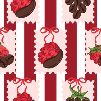 seamless pattern on the theme of different coffee flavors, namely a combination of coffee and ripe pink raspberry fruits with a green tail on a striped background vector