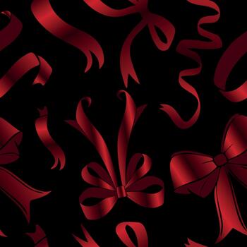 seamless pattern with various ribbons and bows of different shapes with a red gradient on a black background, for holiday designs, social media or web design vector