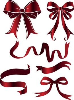 set of various ribbons and bows of different shapes with a red gradient, for holiday designs, social media or web design vector