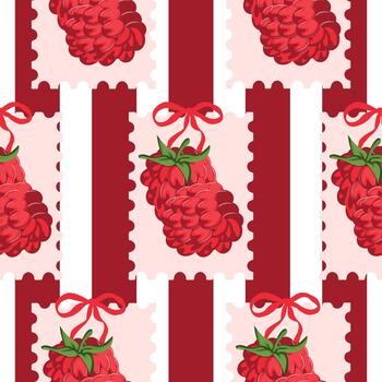 seamless pattern with stamps with a raspberry design with a green tail on a striped background, for thematic printing, social media or web design vector