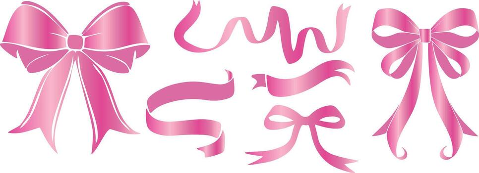 set of various ribbons and bows of different shapes with a delicate pink gradient, for holiday designs, social media or web design vector