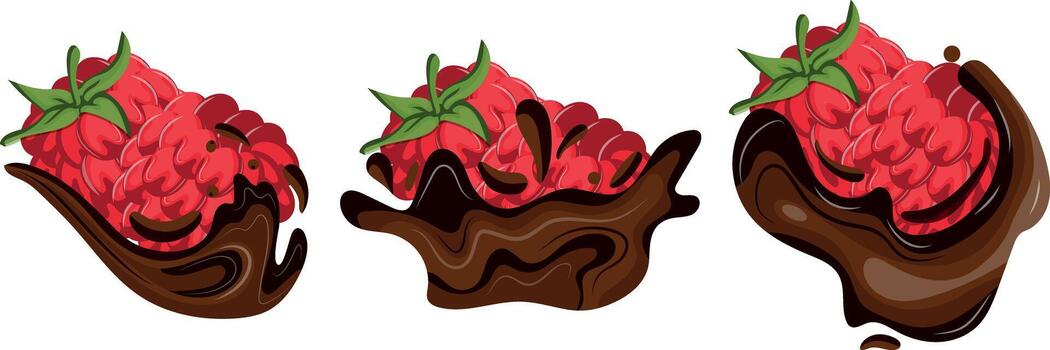 set of icons of ripe raspberries in various splashes of melted dark chocolate, for thematic printing, social networks or web design vector