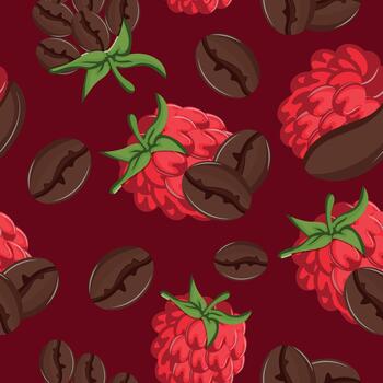 sin costura modelo en el tema de diferente café sabores, a saber un combinación de café y maduro rosado frambuesa frutas con un verde cola en un rosado antecedentes vector