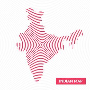 Creative Spiral Fingerprint Map of India Abstract Modern Line Art Representing Indian Geography in a Unique Circular Pattern for Infographics, Posters, and Educational or Political Use vector