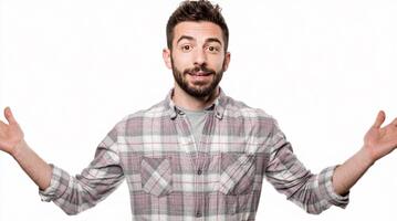 confuso bonito homem com uma sem noção expressão encolhendo os ombros dele ombros com braços estendido, gesticulando Eu não saber. retrato do uma pessoa com nulo em formação isolado em uma branco fundo video