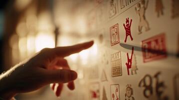 Close-up of a hand pointing to a red icon on a wall covered in various icons and symbols, suggesting interaction and choice video