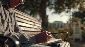 anziano uomo seduta su un' parco panca, godendo un' soleggiato giorno mentre schizzi nel un' taccuino, cattura il sereno atmosfera video