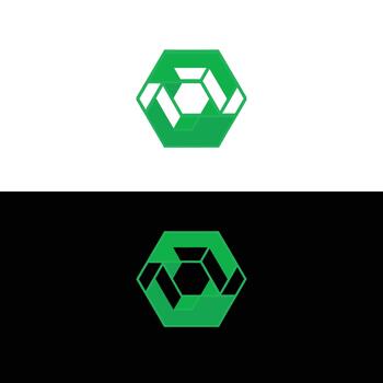 Two green hexagon logos with abstract design elements displayed on white and black backgrounds vector