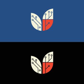 dos estilizado hoja logos con circuito tablero patrones en azul y negro antecedentes desplegado encima cada otro vector