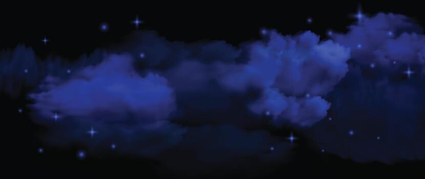 Blue realistic night sky nebula smoke effect background. Abstract foggy texture with shining stars vector