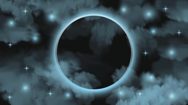 Nebula cyan fog layout with glittering frame and stars background vector