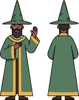 Wizard character in green robe and pointed hat casting spell front and back view illustration vector