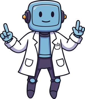 simpático robot personaje en laboratorio Saco con sonriente pantalla cara señalando dedos arriba ilustración vector