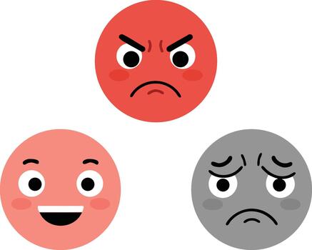 Set of three expressive emoji faces showing happy angry and sad emotions for digital communication and social media use vector