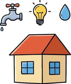 House with water tap, light bulb, and water drop icons illustrating home utilities and energy usage concepts illustration vector