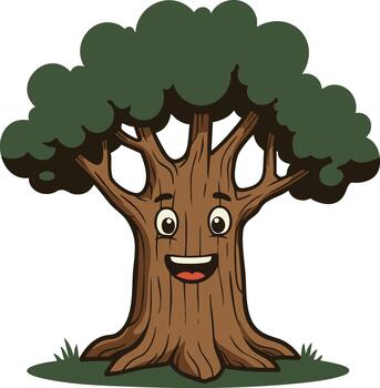 Smiling green leafy tree cartoon character with joyful expression and brown textured trunk illustration vector