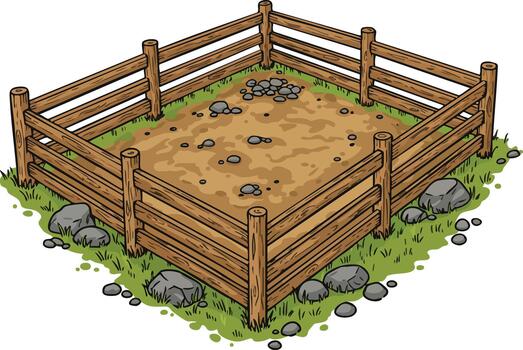Wooden fenced garden plot with soil and scattered rocks surrounded by grass and stones illustration vector