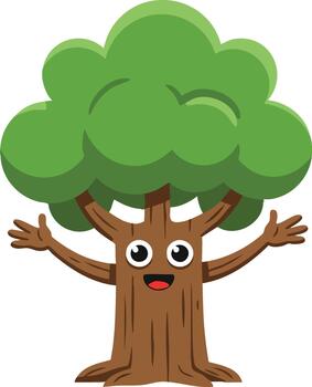 Happy tree character with green foliage and open arms cartoon illustration for nature and environment concepts vector