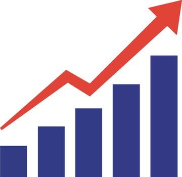 Growth bar chart with red upward arrow showing positive business progress and increasing success illustration vector