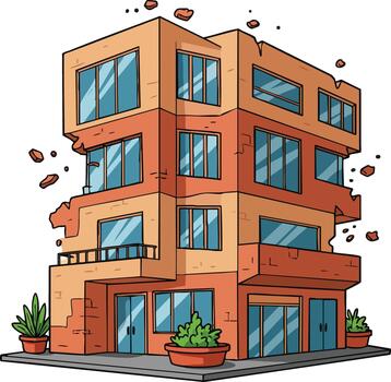 moderno Tres historia edificio con roto paredes y grande ventanas ilustración urbano arquitectura diseño vector