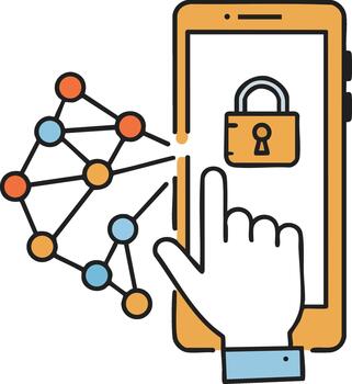 Smartphone security concept with finger touching locked screen and connected network nodes illustration vector