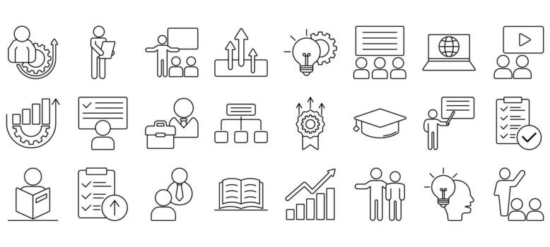 Flat solid upskill icon set featuring training, learning, course, certificate, growth, and online class. Ideal for UI, apps, and education. vector