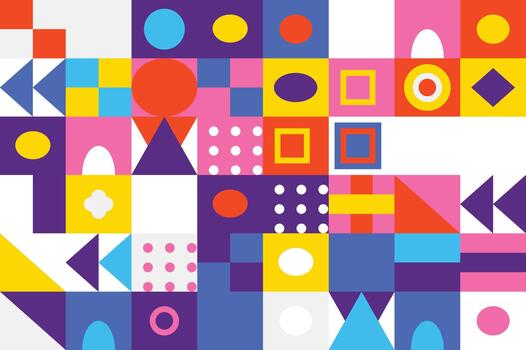 Vibrant abstract geometric pattern featuring an eclectic mix of colorful shapes arranged in a modern mosaic style, ideal for backgrounds and creative graphic design projects vector