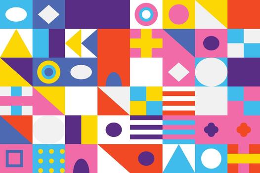 Vibrant geometric background design featuring a colorful abstract mosaic of simple shapes and patterns vector