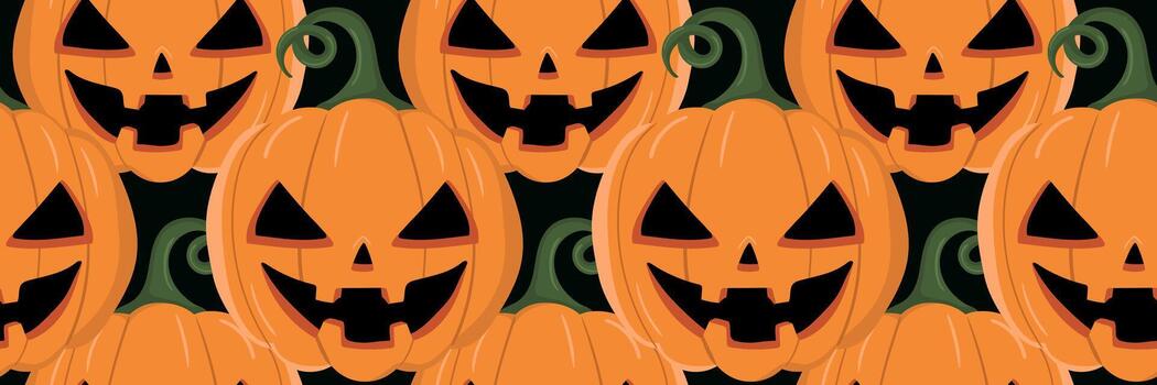 seamless pattern with scary smiling jack o lanterns on dark background spooky halloween holiday texture repeatable surface print vector