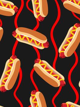 fast food vertical repeatable texture design with sausage in bun and vibrant red wavy elements modern fun poster vector
