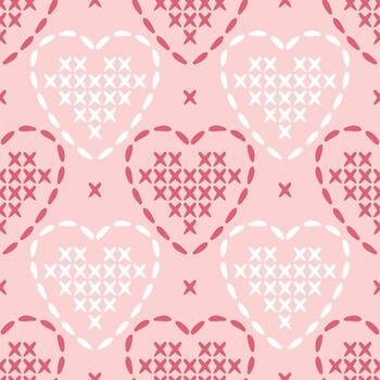 Seamless pattern. Cozy doodle a heart-shaped cross-stitch motif, weaving tiny stitches, cheerful gridlines, warm colorful tones, handmade texture, charmingly quaint and playful. vector