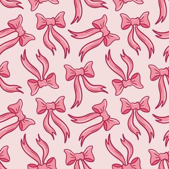 Pink bows seamless pattern repeating, delicate ribbons in soft pink tones, intersecting loops and tails creating a charming, airy texture. Ideal for wallpapers and fabrics. vector