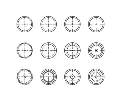Minimal black outline target icons. Set of clean crosshair aim and focus symbols. Simple illustration for drawing aim military sight concepts. Successfully targeted design icon elements. vector