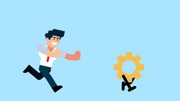 A businessman runs after a walking gear, symbolizing pursuit of productivity, efficiency, innovation, or problem solving in business on a blue background. video