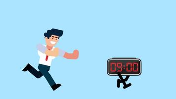 en affärsman kör efter en gående klocka som visar 9, symboliserar tid förvaltning, deadline, punktlighet, och företag brådskande karaktär på en blå bakgrund. video