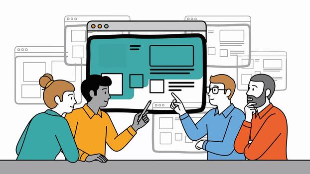 equipo lluvia de ideas sitio web diseño a un colaborativo reunión vector