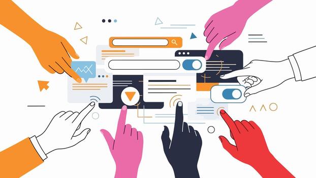 Digital Interface Interaction and Web Development Concepts vector