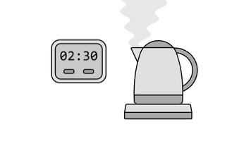 vattenkokare timer animation. små nedräkning timer bredvid vattenkokare. bryggning tid rörelse. kök tidpunkt handling. varm dryck förberedelse rörelse. te och kaffe tidpunkt sekvens. video