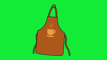 sospeso grembiule con caffè emblema. semplice indumento su un' gancio. bar uniforme elemento. leggero tessuto pieghe visibile. mostrato nel un' morbido spostamento del tessuto movimento passaggio con delicato indumento movimento. video
