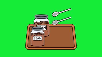 di legno vassoio con etichettato caffè barattoli. piccolo cucchiai accanto il barattoli. controsoffitto Conservazione disposizione. bar prep stazione elementi. presentata nel un' delicato movimento sequenza di oggetto movimento.. video