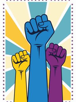 Three Raised Fists in Vibrant Colors Representing Unity and Social Justice Movement vector
