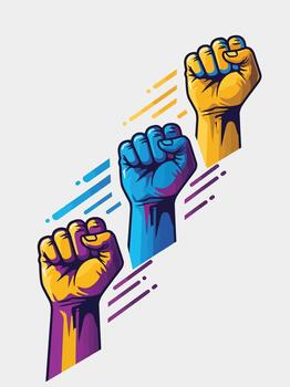 Three Raised Fists in Vibrant Colors Symbolizing Unity Power and Protest Illustration vector