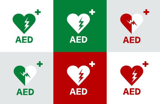 AED indicating a defibrillator device set collection. AED,automated external defibrillator flat icon. Emergency defibrillator sign or icon. Heart symbol. Medical logo. vector