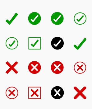 Red cross sign and check sign set, An image of a red grunge x, check mark and cross mark isolated , Check mark and red cross icon. Collection of check mark and Cross mark. vector