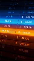 Looping 3D render of trading spreadsheet interface with glowing rows, currency values, percent change and trend icons. Abstract fintech market data for business and economy. video