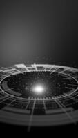 futuristico ciclo continuo animazione di un' digitale interfaccia con raggiante particelle e astratto circolare hud elementi nel movimento. Perfetto per sci fi, tecnologia, e cyberspazio concetti. video