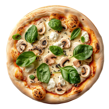 This pizza features a generous layer of cashew cheese topped with mushrooms and fresh basil. It is presented from a top view against a transparent background, revealing its delicious detail png