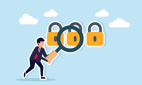 Businessman examining several padlocks with a magnifying glass illustration of monitoring and analyzing business insurance to secure business assets vector