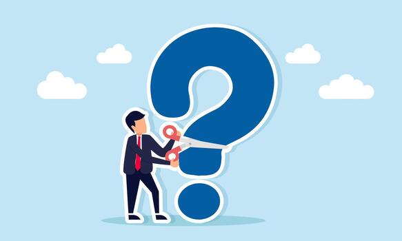 Businessman cutting a question mark with scissors as an illustration of finding answers to a problem vector