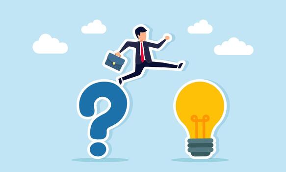 Businessman jumping from a question mark to a lightbulb illustrating finding answers and business innovation solutions vector
